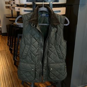 Polo Olive Puffy Vest with Brown Collar